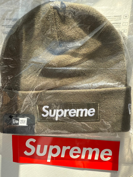 Supreme New Era Box Logo Beanie (FW25) Light Olive.