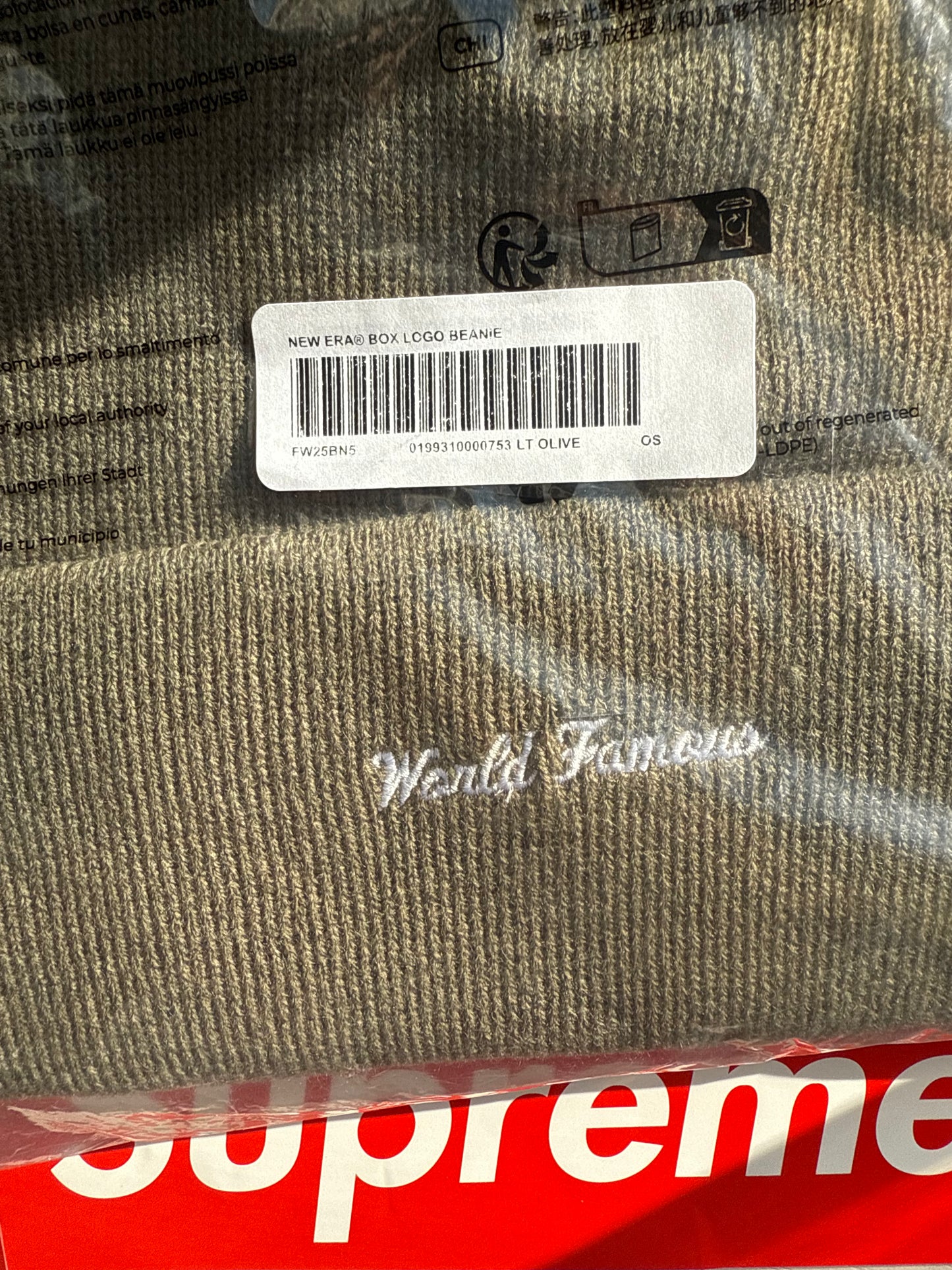 Supreme New Era Box Logo Beanie (FW25) Light Olive.